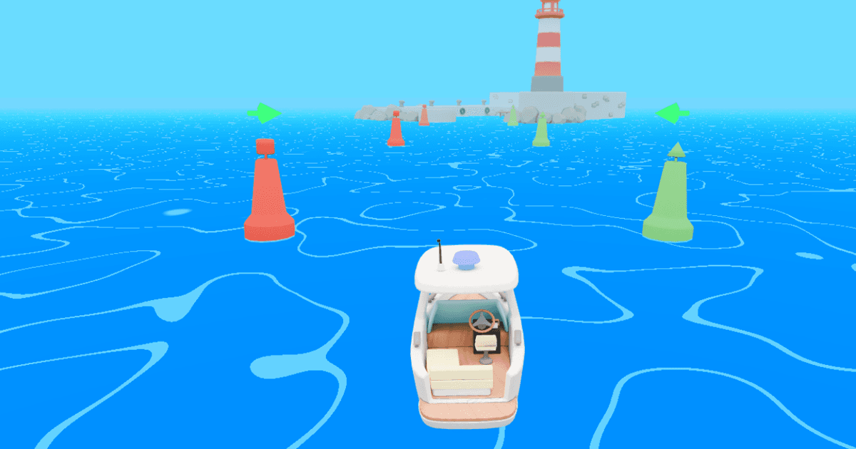 Capture du jeu CapCôtier : bateau, bouées latérales et phare dans une baie